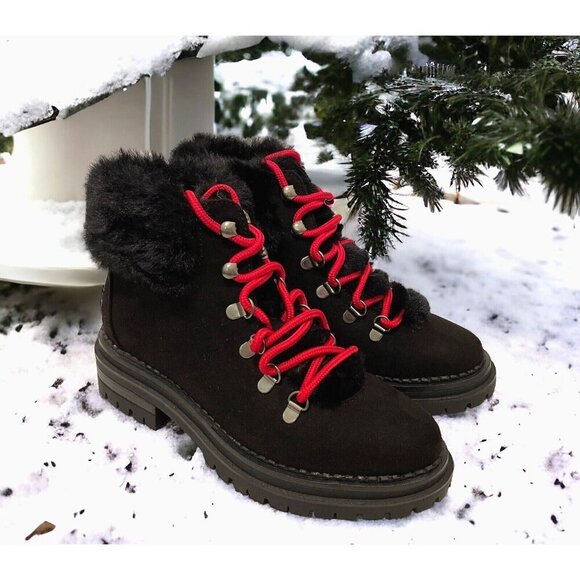 Sugar Shoes - Sugar Womens Rolls Fuzzy Lug Sole Hiker Boots Size 7M Red Laces